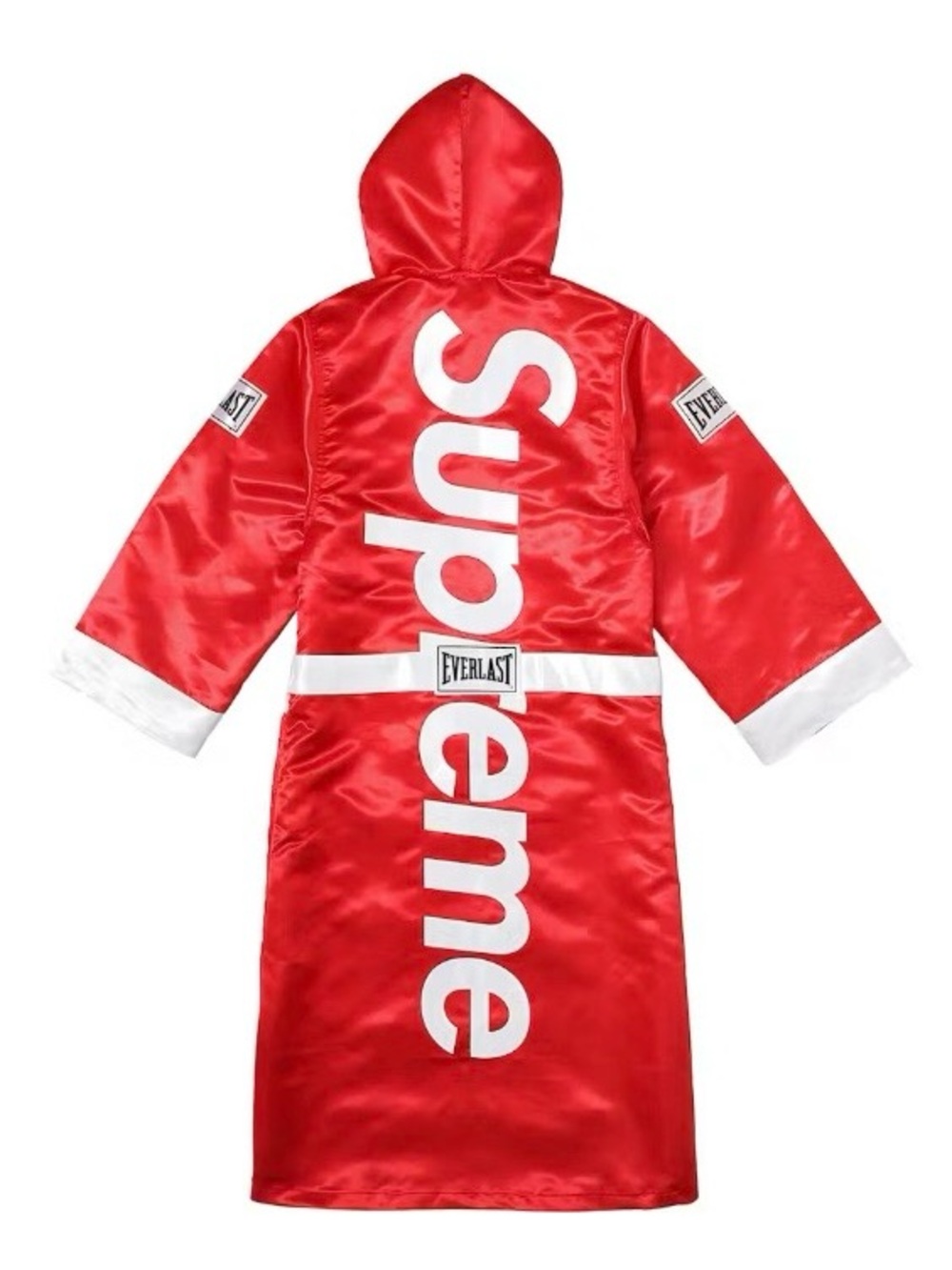 Supreme Red Satin Hooded Boxing Robe with White Logos